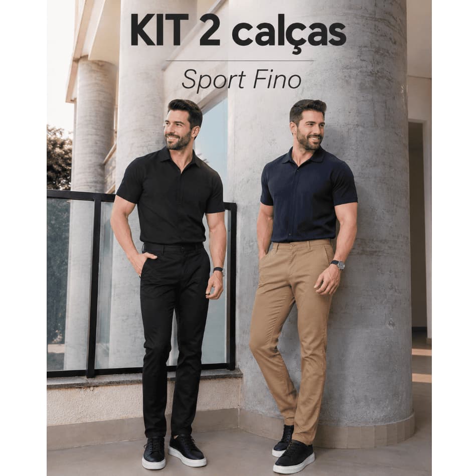 KIT 2 Calças Masculina Sarja Slim Casual Social Conforto Premium