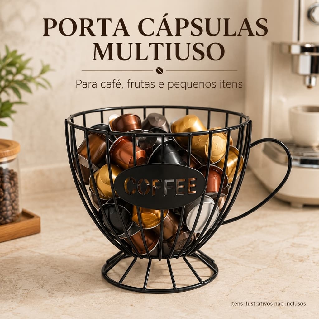 Porta Cápsulas de Café Universal Metal Aramado Preto Formato Xícara para Nespresso Dolce Gusto Três Corações Multiuso
