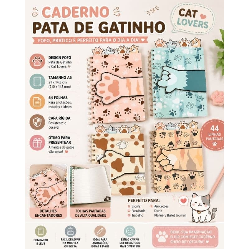 Caderno A5 Pata de Gatinho – Fofo, Prático e Perfeito para o Dia a Dia!