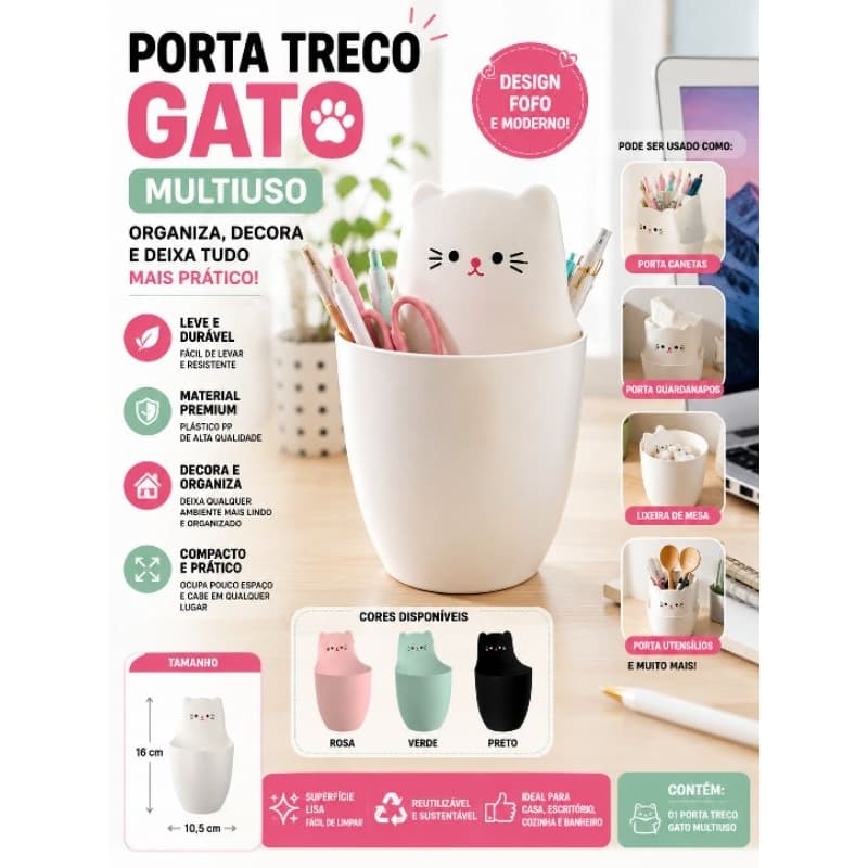 Porta Treco Gato Multiuso Porta Canetas Lixeira de Mesa Porta Utensílios Organizador Plástico Decorativo
