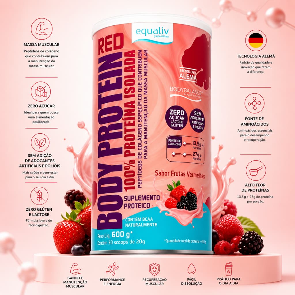 EQUALIV - Body Protein Red em Pó - Rico em Colágeno e Aminoácidos Essenciais para Desenvolvimento e Recuperação Muscular