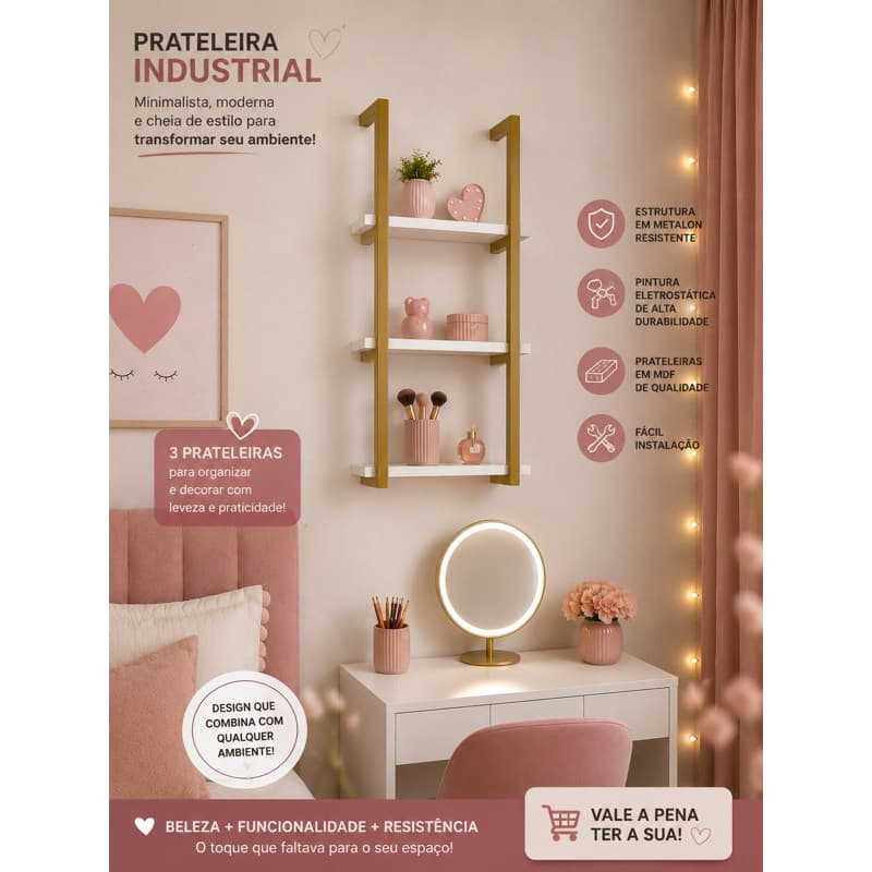 Prateleira Industrial Decorativa 3 Nichos em Metalon e MDF | Quarto Infantil, Penteadeira e Decoração