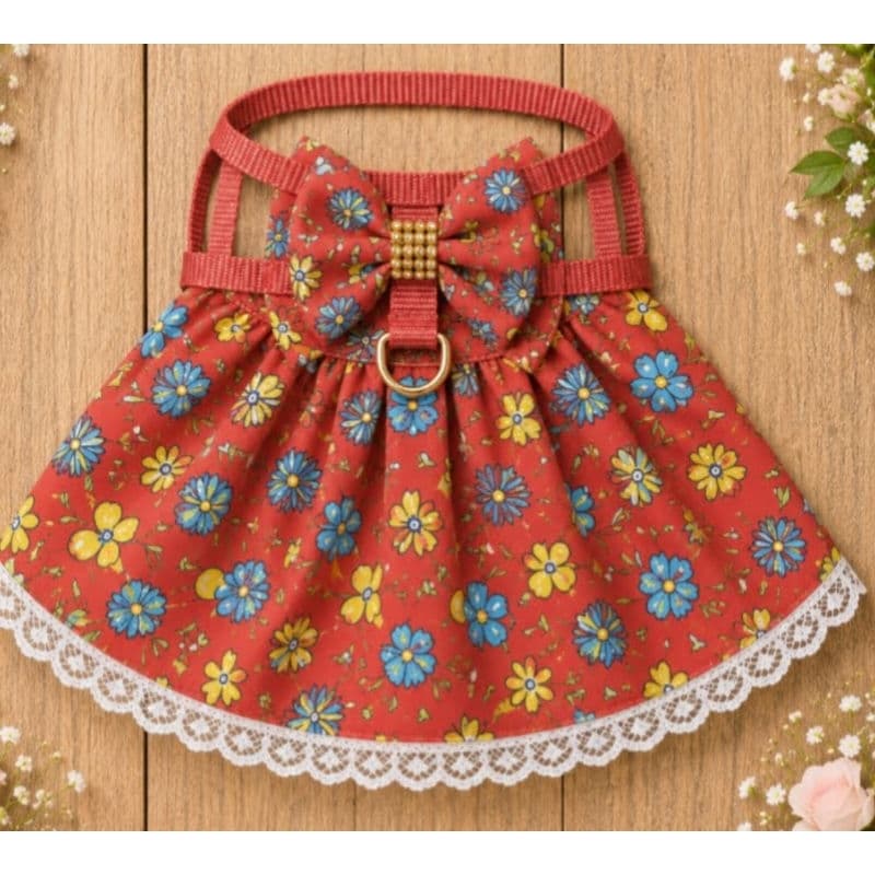 COLEIRA PEITORAL com SAIA tema primavera flores azul e amarela PET FÊMEA ROUPA PARA CACHORRO PEQUENO E MÉDIO