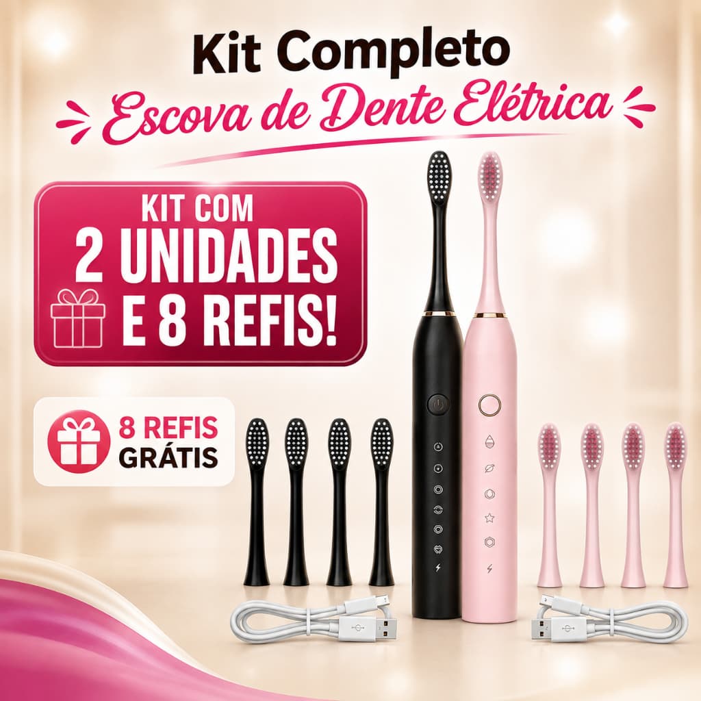 Kit 1ou 2 Escova de Dentes Elétrica Portátil Recarregável + 8 Refis Grátis, Ultrassônica com Cabeças Substituíveis