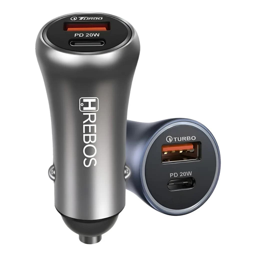 Fonte Carregador Veicular Turbo Hrebos 38W PD 20W Adaptador Carro Duplo USB C Anatel Sem Cabo
