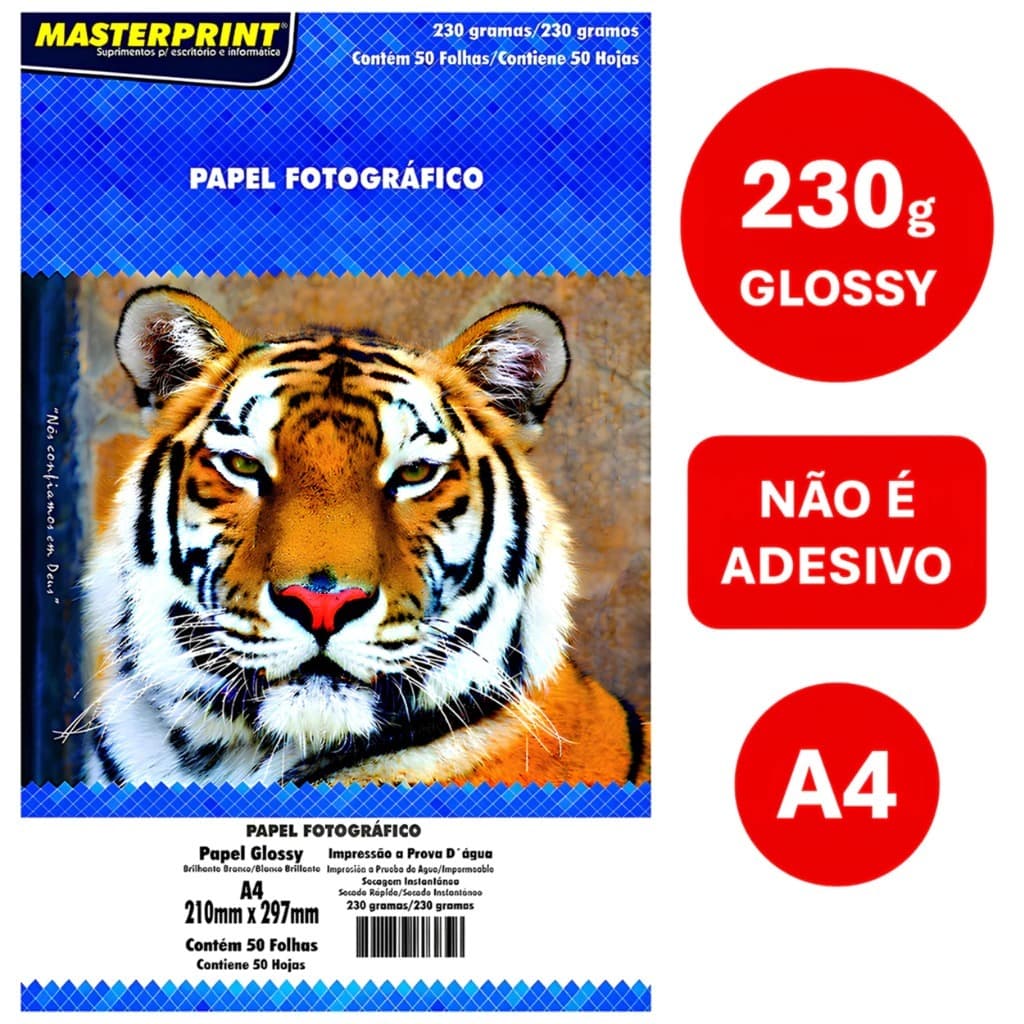 Kit 50 Folhas Papel Foto Masterprint A4 230g Brilho Intenso Alta Resolução Para Impressora Jato de Tinta