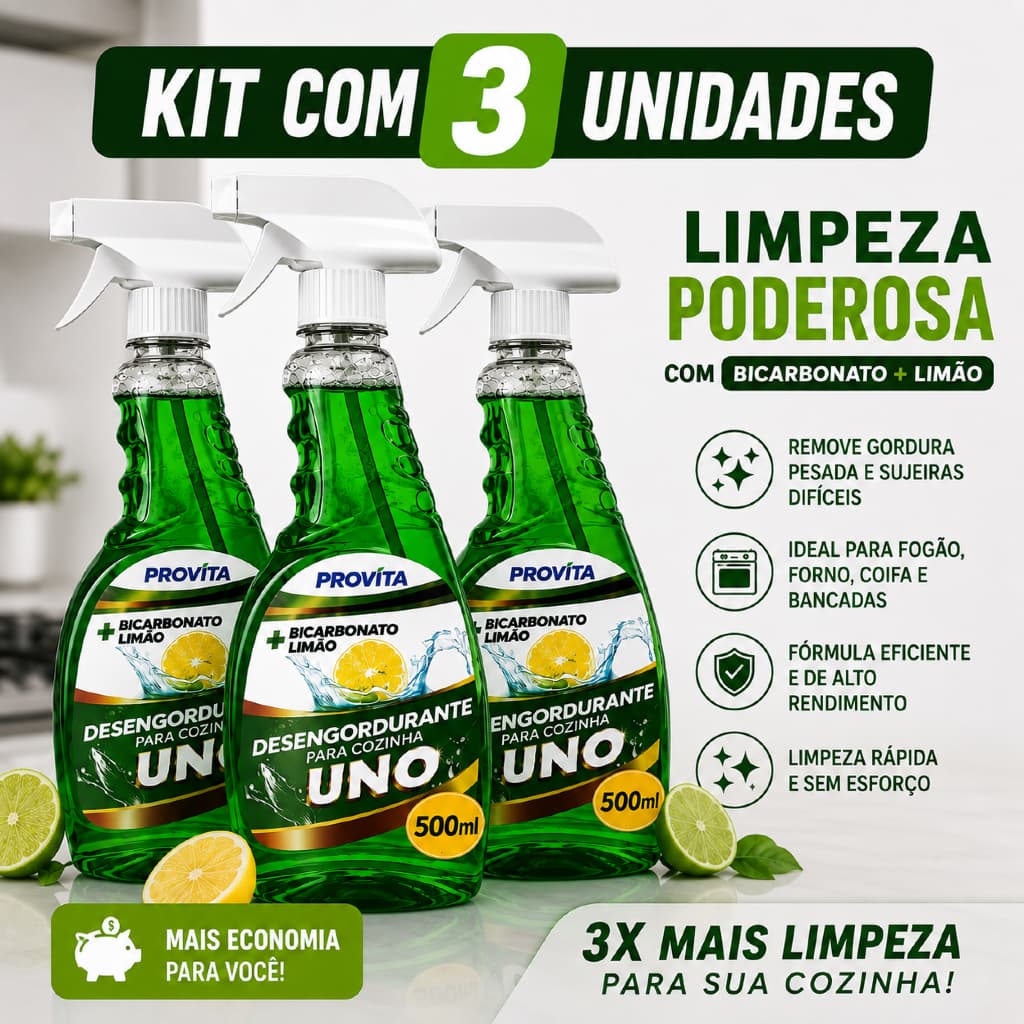 Kit 3 Limpa Cozinha 500ml Desengordurante Espuma Premium Limpa Remove Gordura Forno Fogão Coifa Air Fryer