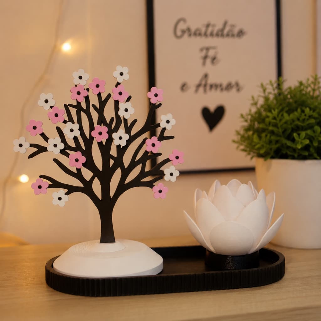 Kit Luminária Flor de Lótus  LED + Árvore com Flores + Bandeja Decorativa