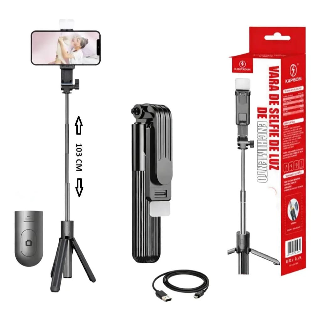 Tripé Extensível 103cm vara de Selfie Para Câmeras e Smartphones Led C/ controle
