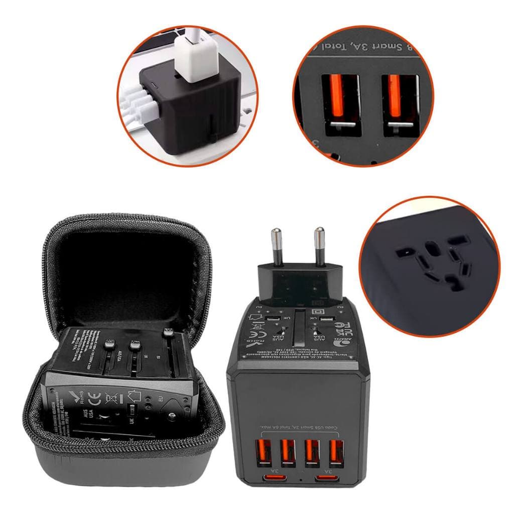 Exbom Carregador Adaptador de Tomada Universal 36W com 4 USB e 2 USB-C com Entrada US, AU, UK e EU