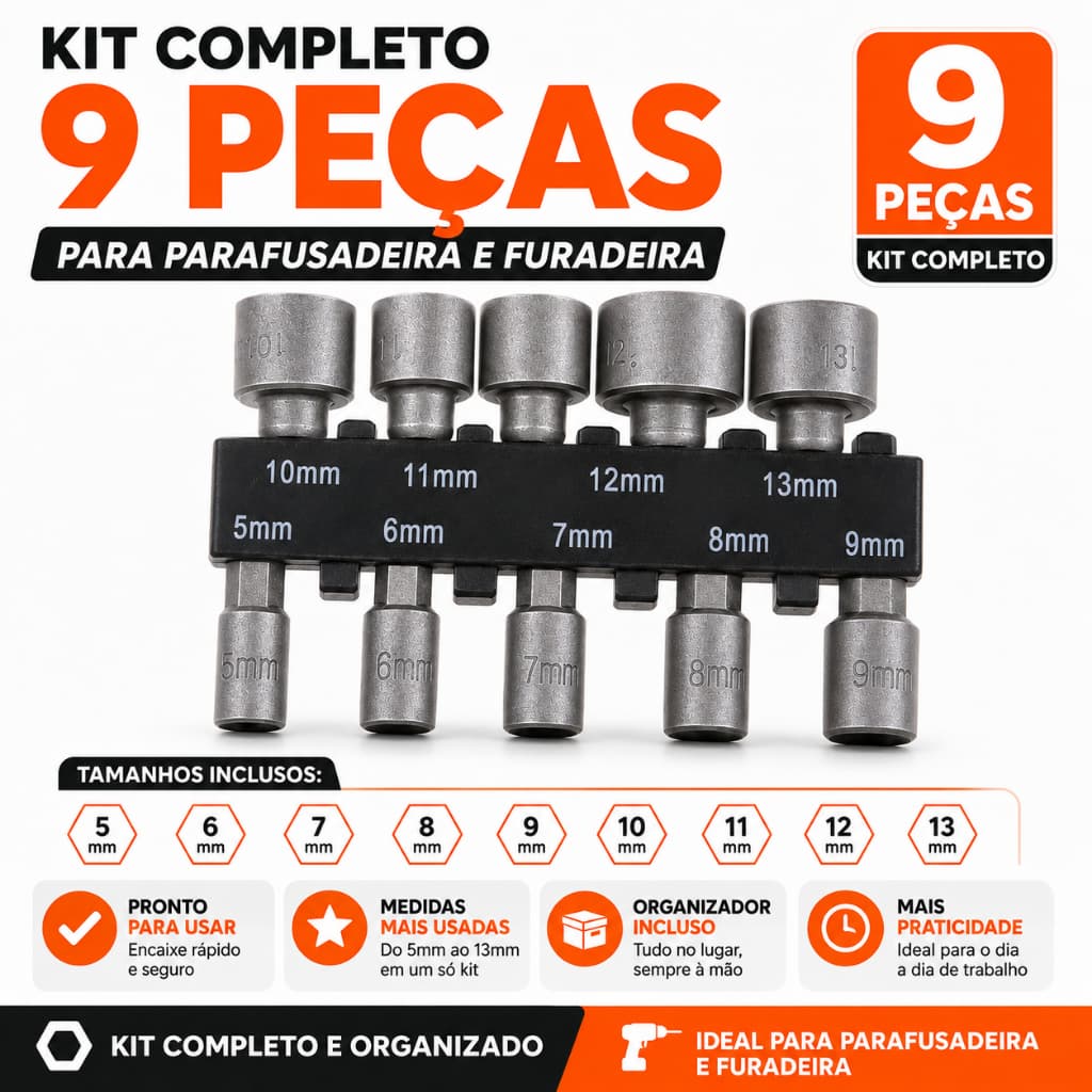 Jogo Soquete Canhão Sextavado 9 Peças 5mm a 13mm para Parafusadeira e Furadeira