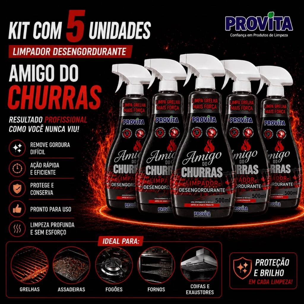 Kit 5 Limpa Grelha Fogão Desengordurante 500ml Limpa Churrasqueira Forno Grelha Ação Repelente de Moscas
