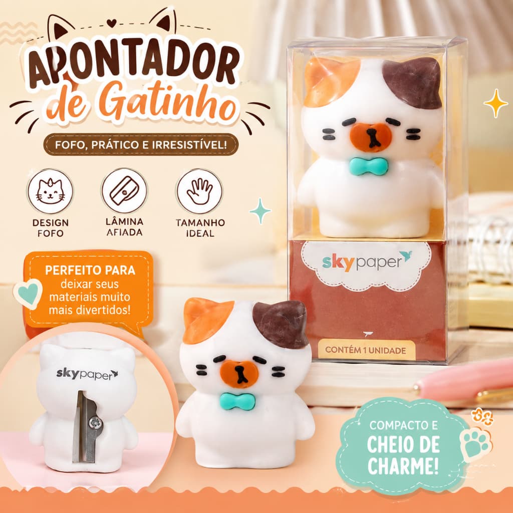 Apontador Gatinho Divertido Bichinho Fofinho Papelaria Fofa Escolar Infantil Juvenil Menina - Skypaper - Gato