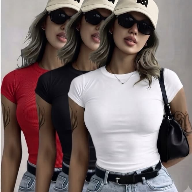 Kit 3 Blusas Femininas Manga Curta Baby Tee suplex Blusinha Básica Justa Gringa
