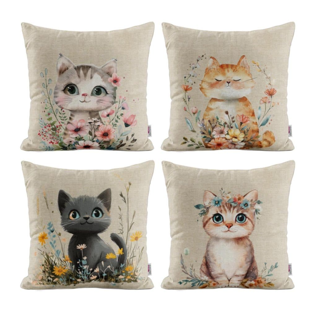 Kit 4 Capas de Almofadas Decorativas Para Sofá Gatinhos Luxo Gato - Novadecora