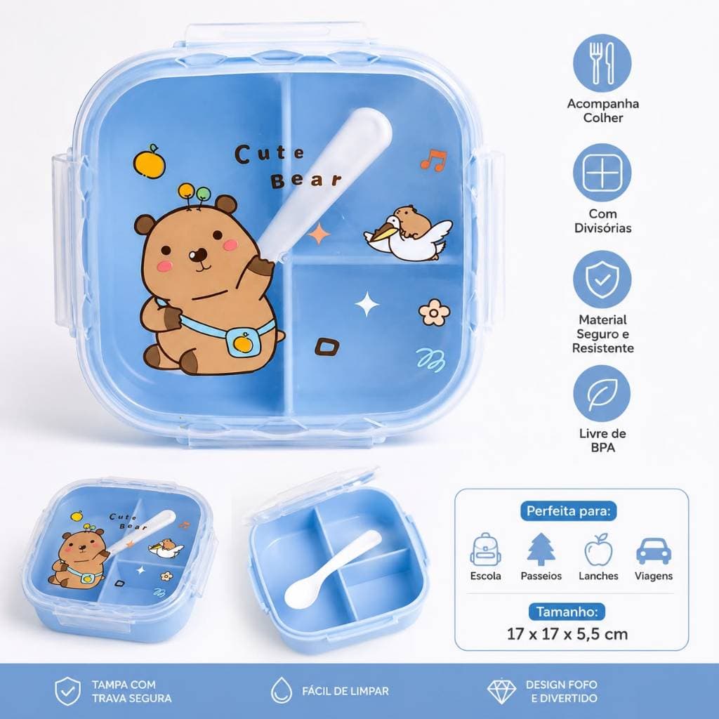 Marmita Infantil com Garfo e Colher Divisórias Lancheira Escolar Hermética Anti Vazamento Livre de BPA