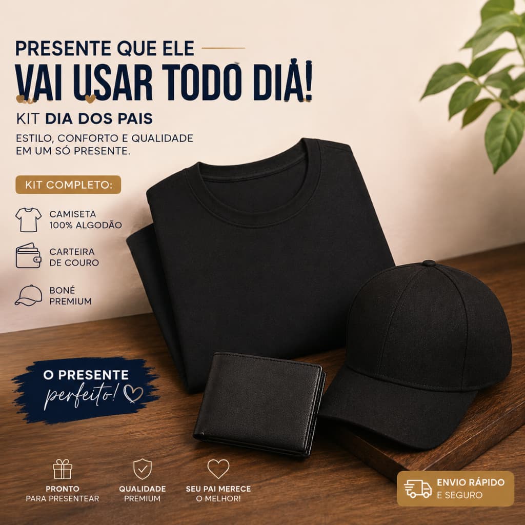 Kit Dia Dos Pais Camiseta 100% Algodão + Boné + Carteira 100% Couro Envio Imediato!