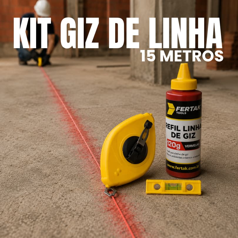Kit Giz De Linha 15 Metros Para Pedreiro Gesseiro Marcação Gesso Nível Com Refil Fertak nas cores Azul ou Vermelho