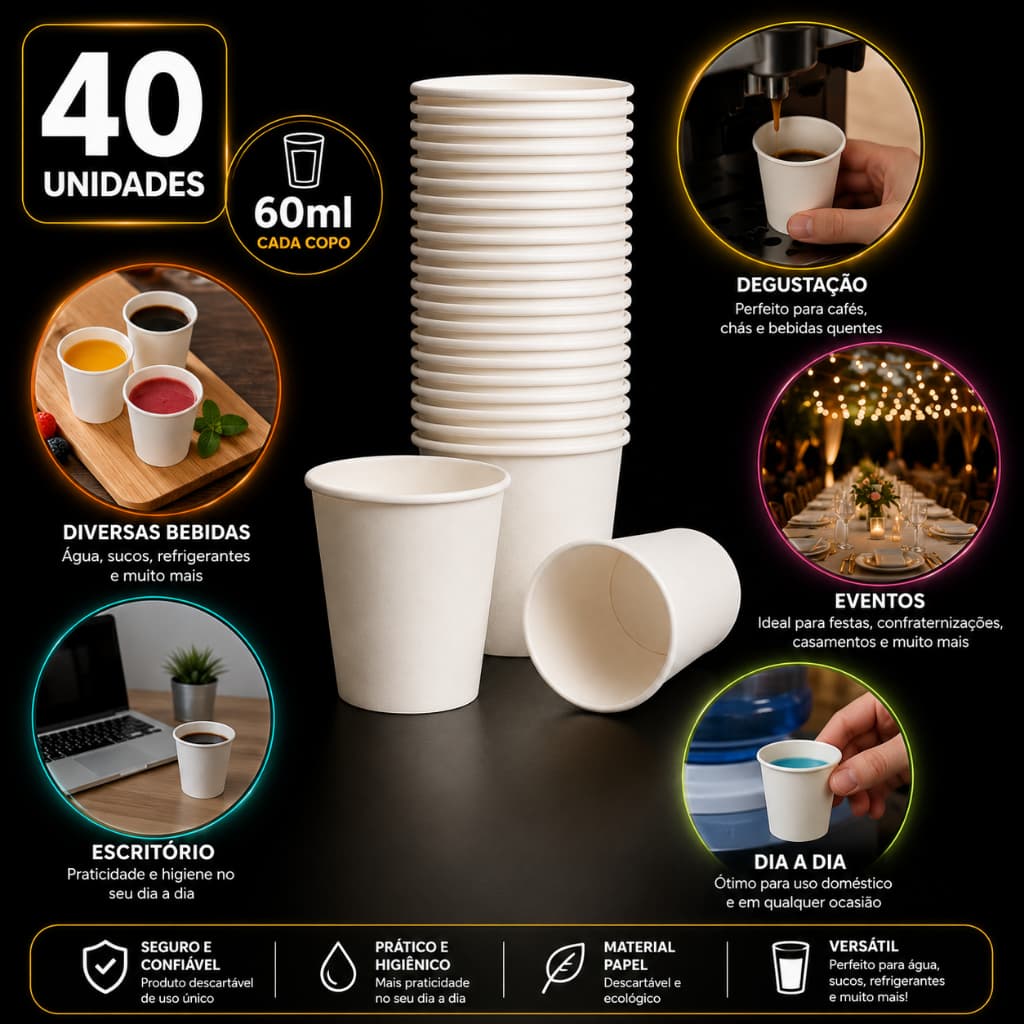 Copos Papel Branco Descartável 40un Café Bebidas Quentes Resistente 60ml