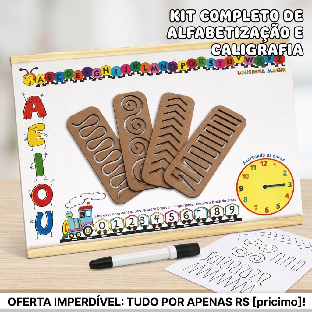 Brinquedo Educativo Pedagógico Kit Lousa Mágica Quadro Branco + Regras Guia de Caligrafia MDF Infantil