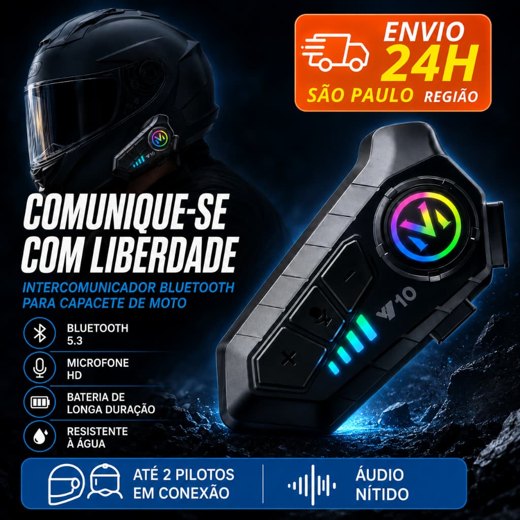 Intercomunicador Capacete Moto Bluetooth 5.3 V10 com LED RGB Microfone HD e Comunicação entre Pilotos