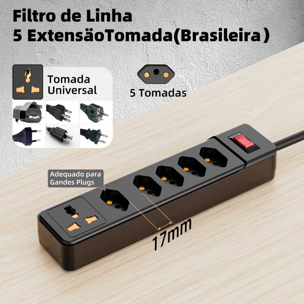 Cabo de extensão elétrico Cabo de extensão de alimentação 5 tomadas com USB
