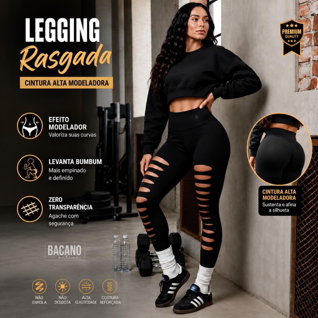 Calça Legging Rasgada Premium Feminina Academia | Cintura Alta Modeladora | Efeito Lipo