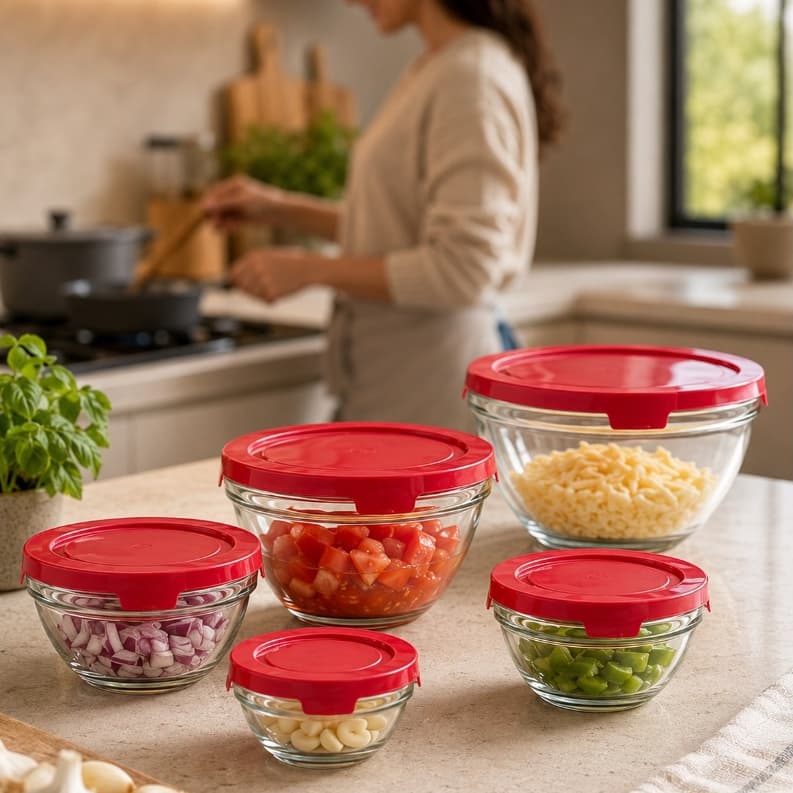 Jogo 5 Potes De Vidro Herméticos Com Tampa Cozinha Bowls Resistente Vermelho Cinza