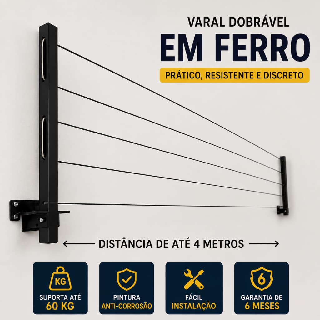 Varal de Parede Retrátil Reforçado em Ferro com Kit de Instalação Incluso Dobrável Até 60kg