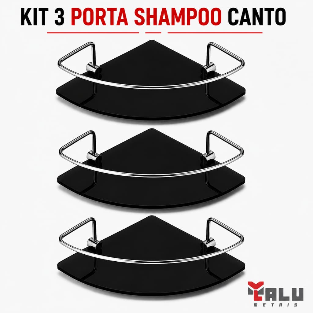 Porta Shampoo Para Banheiro Suporte De Vidro 6mm Fumê Canto Preto C/ Cromado Anti Ferrugem KIT 03 UN