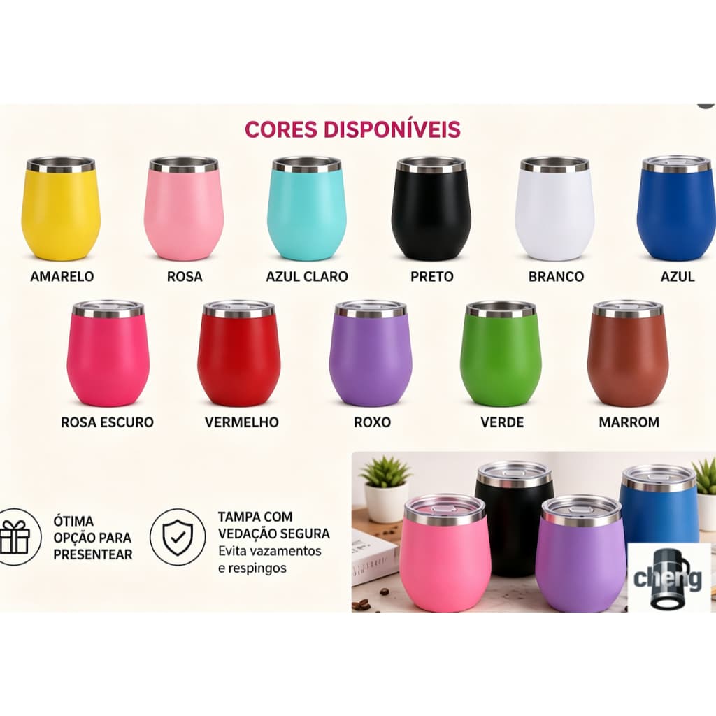 Kit Copo Térmico 360ml  Formato Ovo em Aço Inoxidável Parede Dupla a Vácuo Portátil para Café, Vinho e Bebidas Geladas