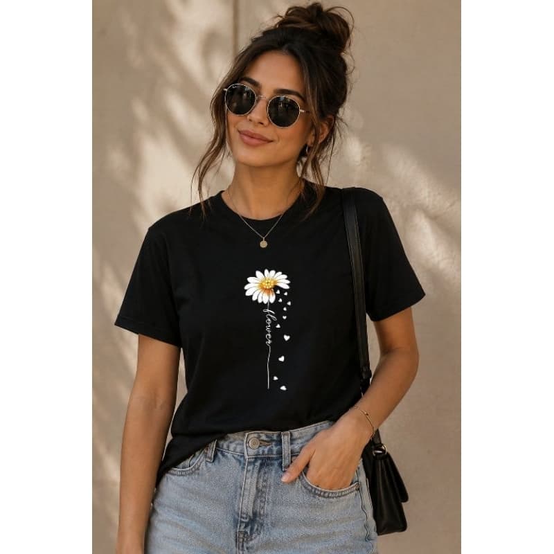 Camiseta Feminina Estampa Floral Margarida Casual Manga Curta 100% Algodão