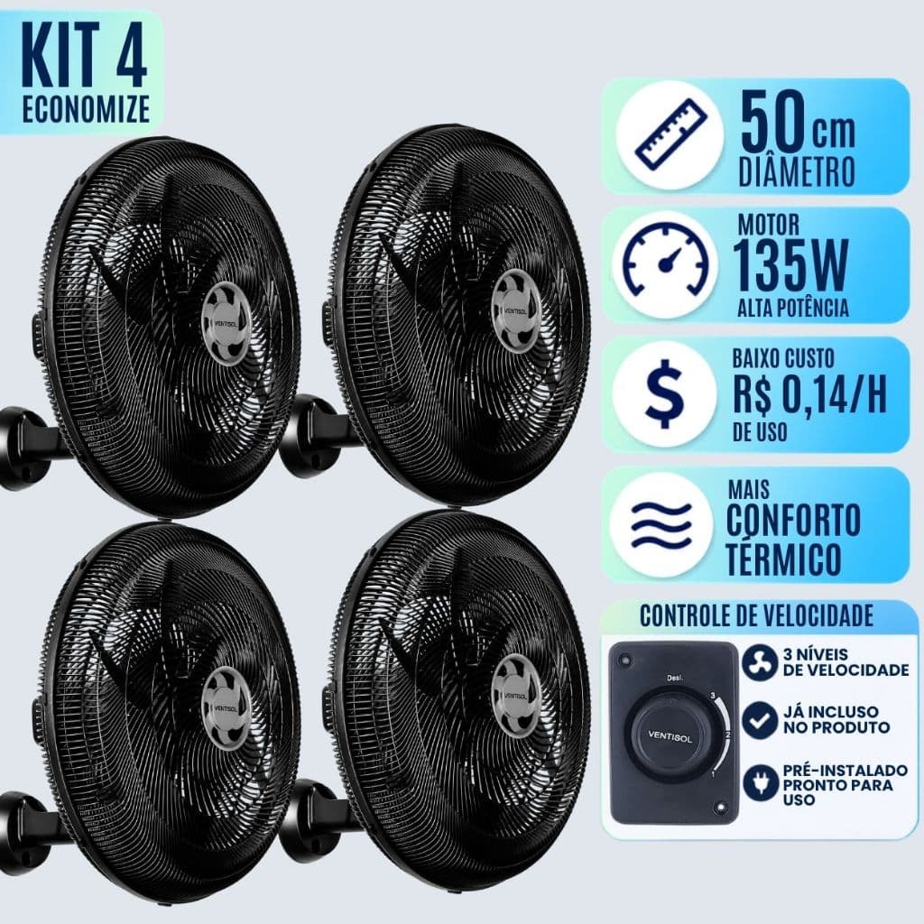 Kit 4 Ventilador 50 cm 6 Pás Ventisol Industrial Montagem Fácil Ideal Para Escola Mercado Academia