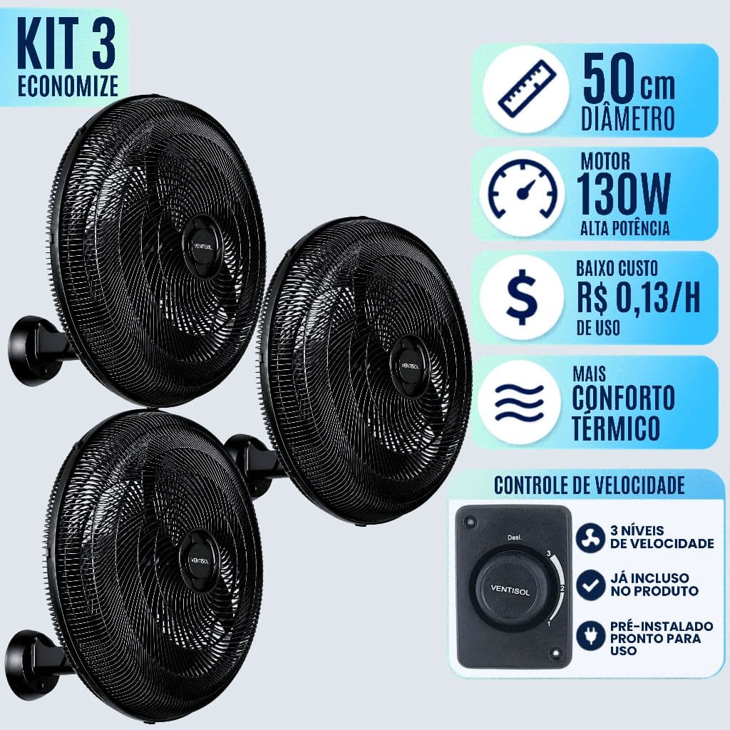 Kit 3 Ventilador Oscilante de Parede New 50cm 3 Pás Ventisol 130w Potente Para Igreja Academia Loja
