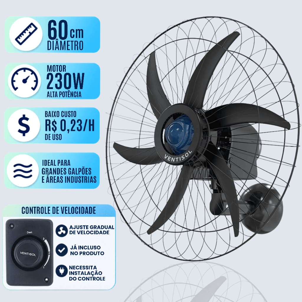 Ventilador De Parede 60cm Industrial Ventisol Bivolt 230w Potente Econômico Fabrica Escola Academia