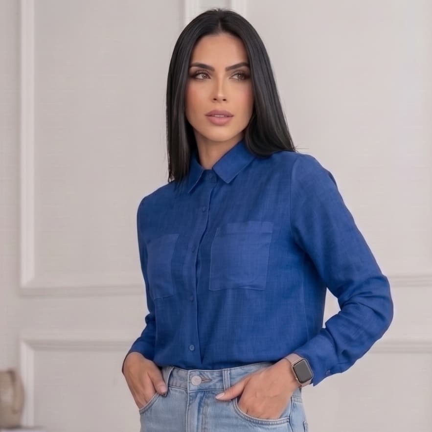 Camisa Social Feminina Viscolinho Premium Manga Longa Com Bolsos Blusa Elegante Não Transparente Moda Trabalho