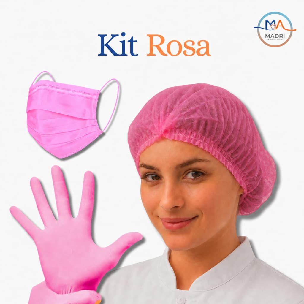 Kit Rosa 100 Toucas TNT+100 Luvas Nitrílicas P/M/G +50 Máscaras Rosa Tripla Camada com Clipe Nasal