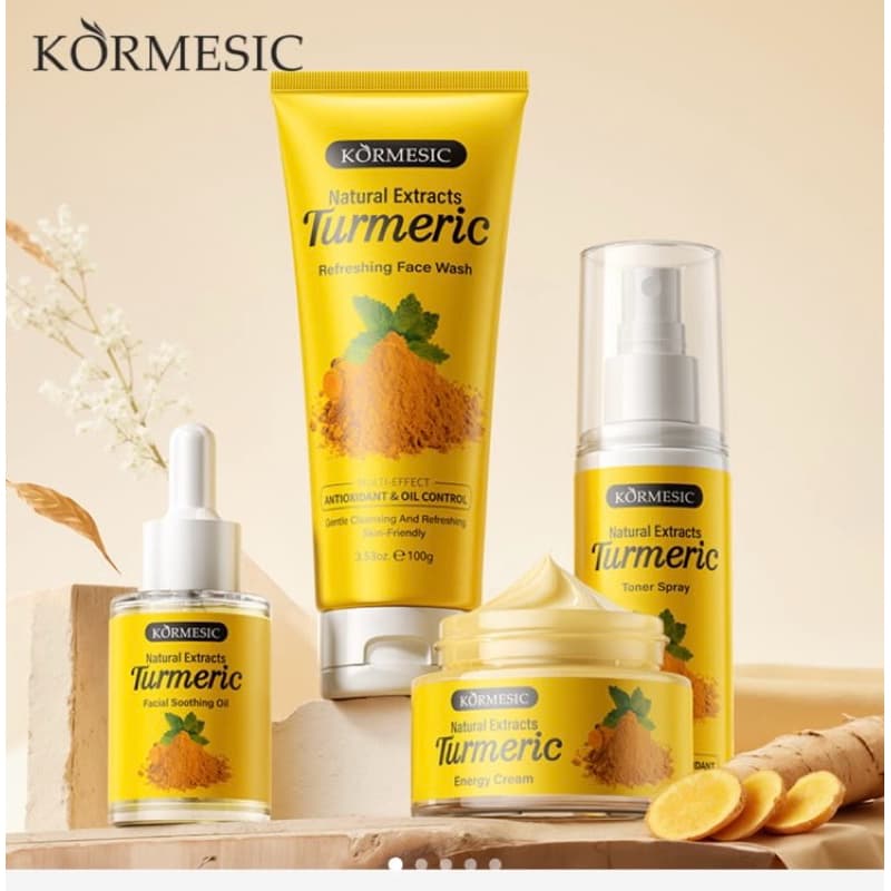 Kit 4produtos Skincare, Glow de Cúrcuma 4 em uma Limpeza: Gel de Limpeza + Tônico + Óleo Facial + Creme Hidratante
