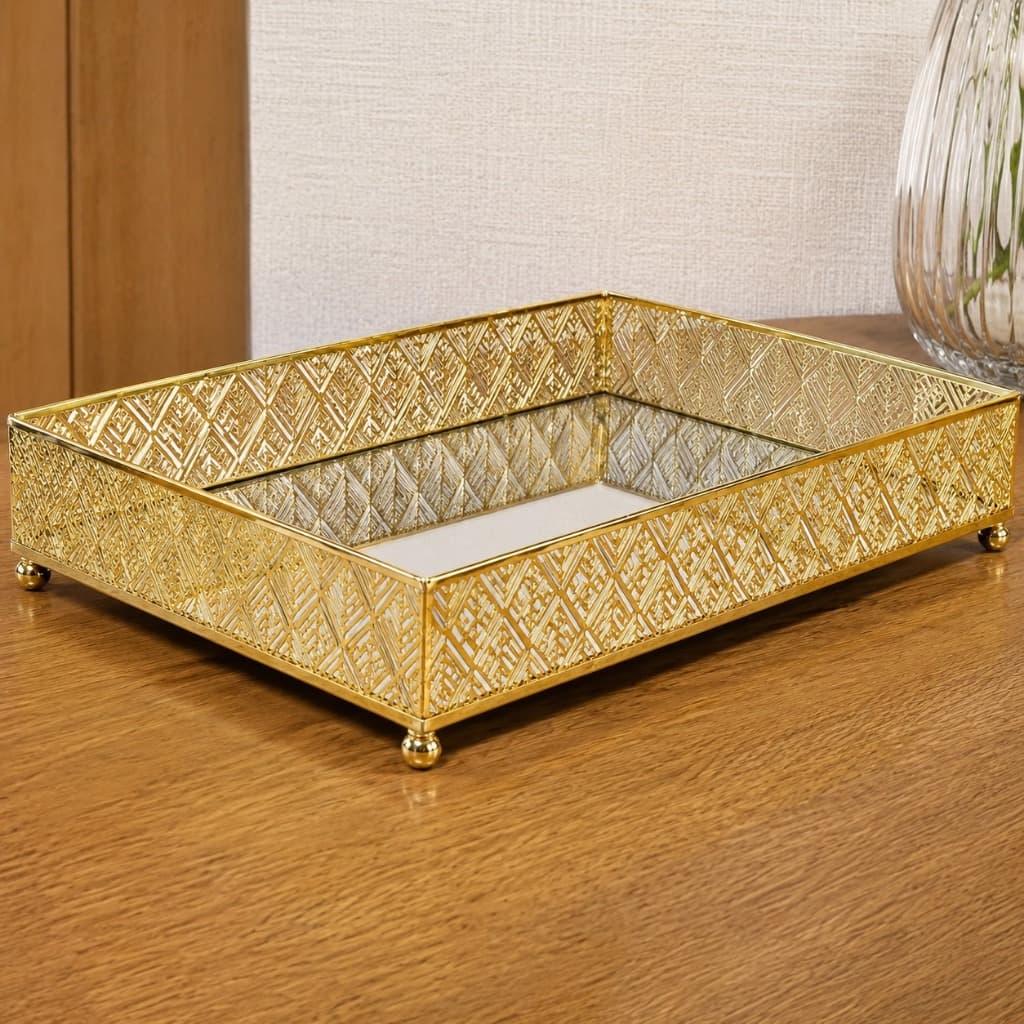 Bandeja Decorativa Espelhada Dourada Retangular Metal Organizador Multiuso Luxo Porta Perfumes Lavabo