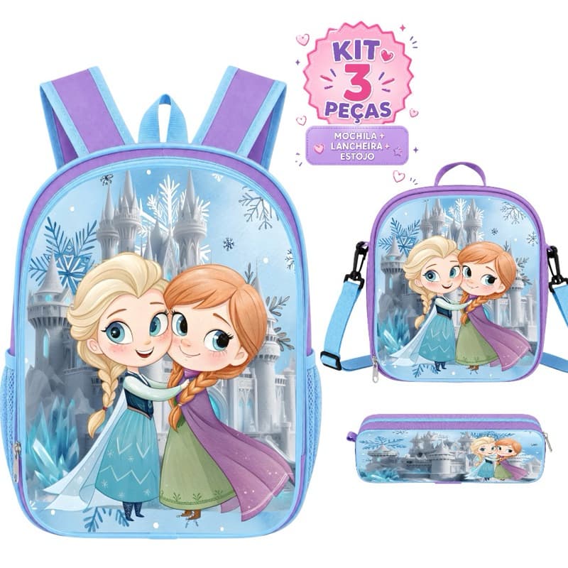 Kit Escolar Frozen Mochila Forro Interno Lancheira Térmica + Estojo - Resistente - Menina