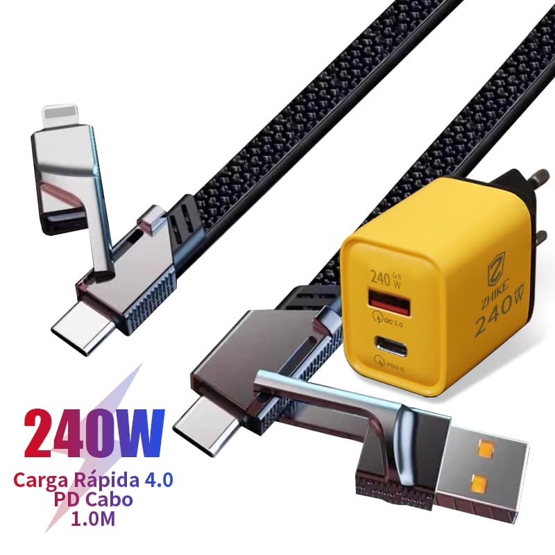 Cabo Carregador Carregamento Rápido 4 em 1 Tipo C iP 1M Trançado de Nylon Com Adaptador GaN
