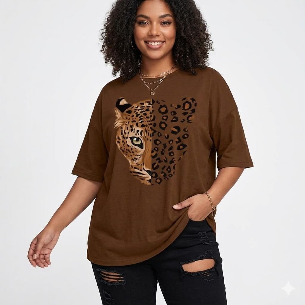 Tshirt Feminina Estilosa Estampada Onça Pintada Camiseta  Algodão Camisetão Oversized Plus Size