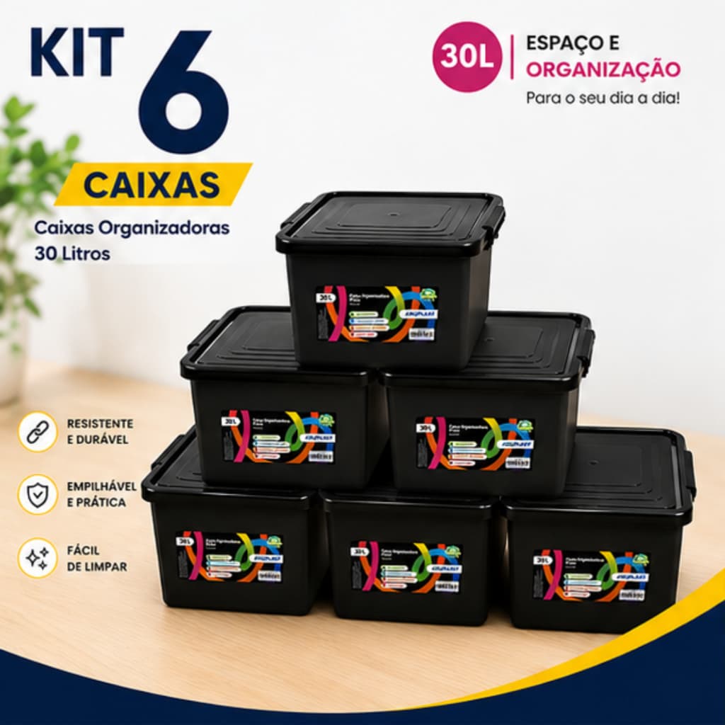 Kit Jogo 6 Caixas Cesto 30 Litros Caixa Organizadora Multiuso Pretas Com Tampa e Trava Organizador