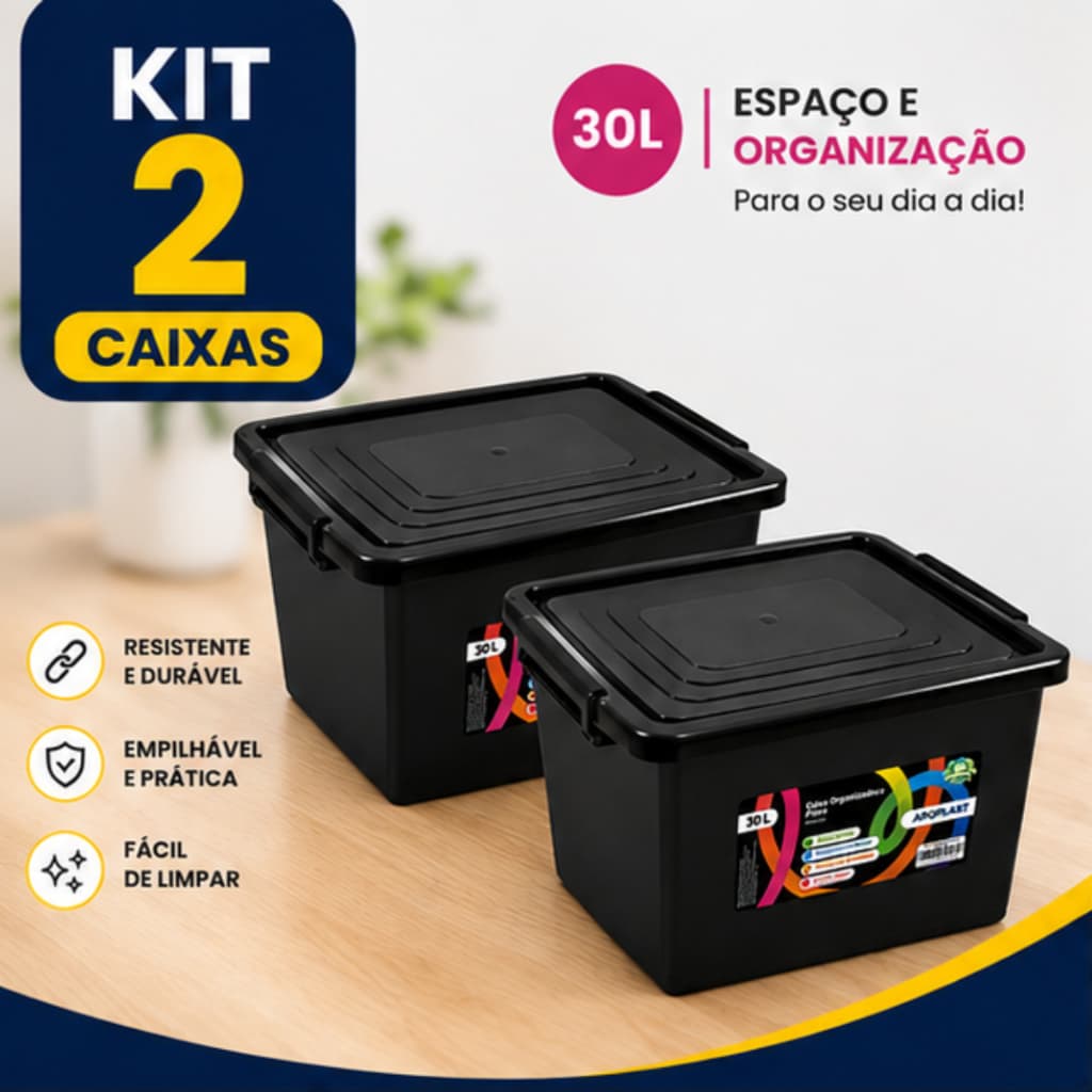Jogo 2 Caixas Cesto 30 Litros Caixa Organizadora Multiuso Pretas Com Tampa e Trava Organizador Preto