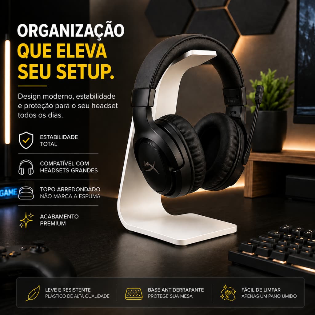 Suporte Gamer de Mesa para Headset - Fone de Ouvido - Organizador Setup Elegante e Moderno