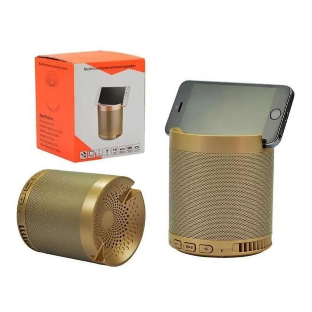 Caixa De Som Bluetooth Usb Mp3 Aux Com Suporte De Celular Q3 Cor Dourado.