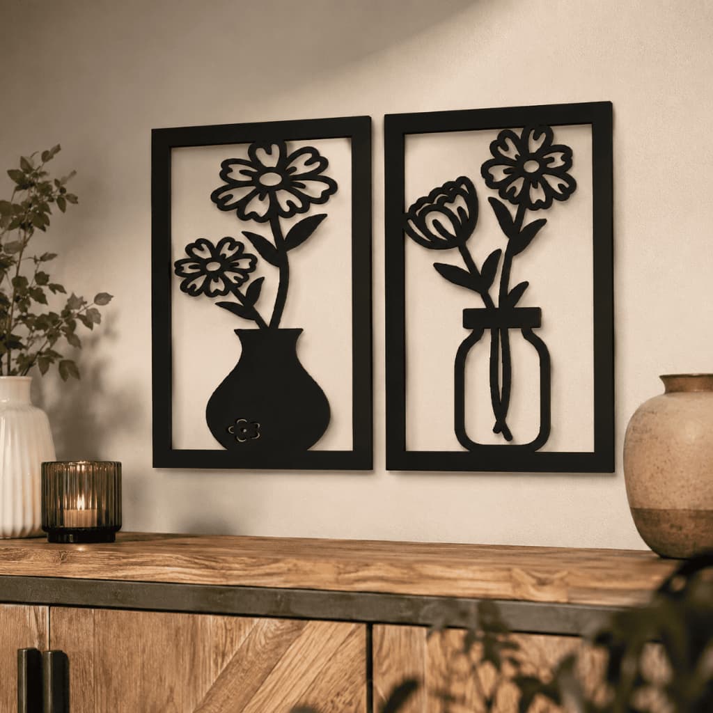 Kit 2 Quadros Decorativos em MDF Vasos com Flores 18x28cm para Sala e Quarto