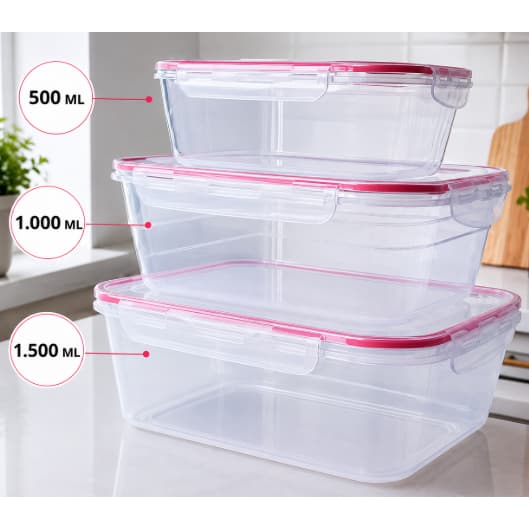 Kit 3 Potes Hermético De Plástico Silicone 500ml 1L 1,5L Micro-ondas Freezer Conservação de Alimento