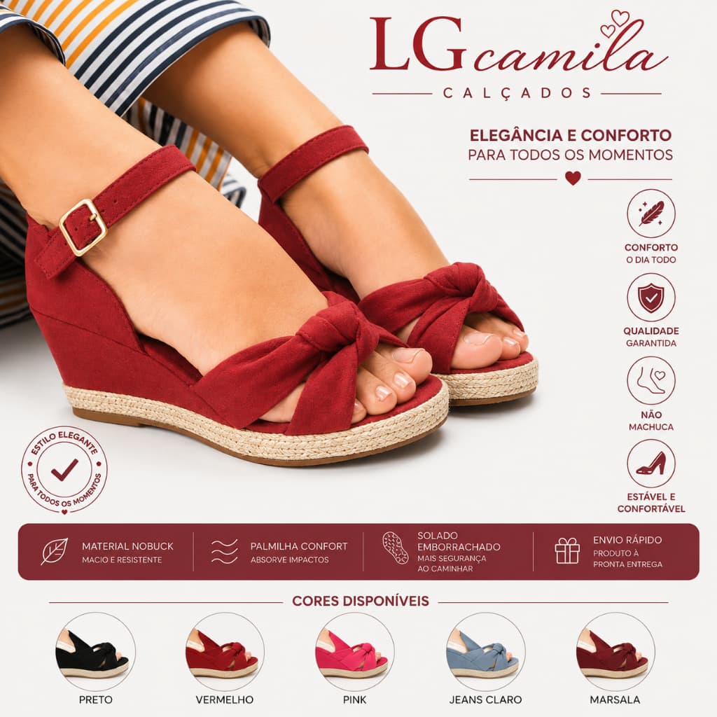 Sandália Salto Flat Form Médio Nó Feminino Anabela Vermelha