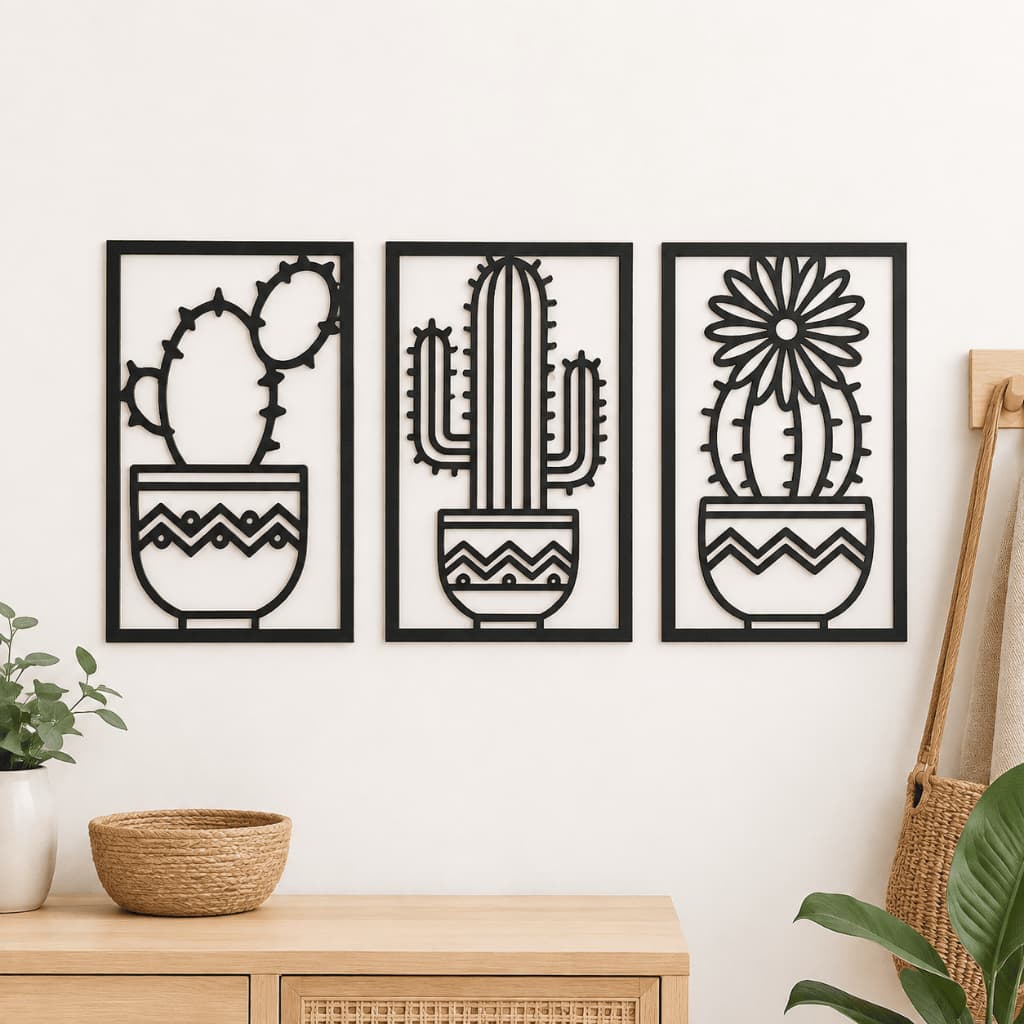 Kit 3 Quadros Decorativos Vazados em MDF Cactos 18x28cm